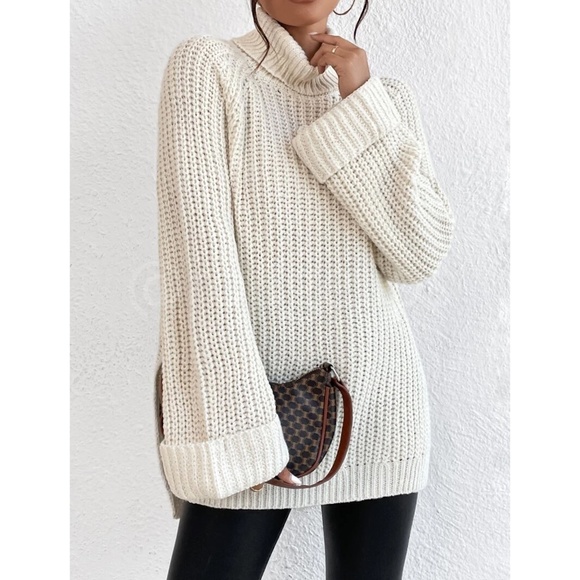 Casual Pullover Sweater Cable Knit Turtleneck Light Beige High Neck Long Sleeve - Picture 3 of 8